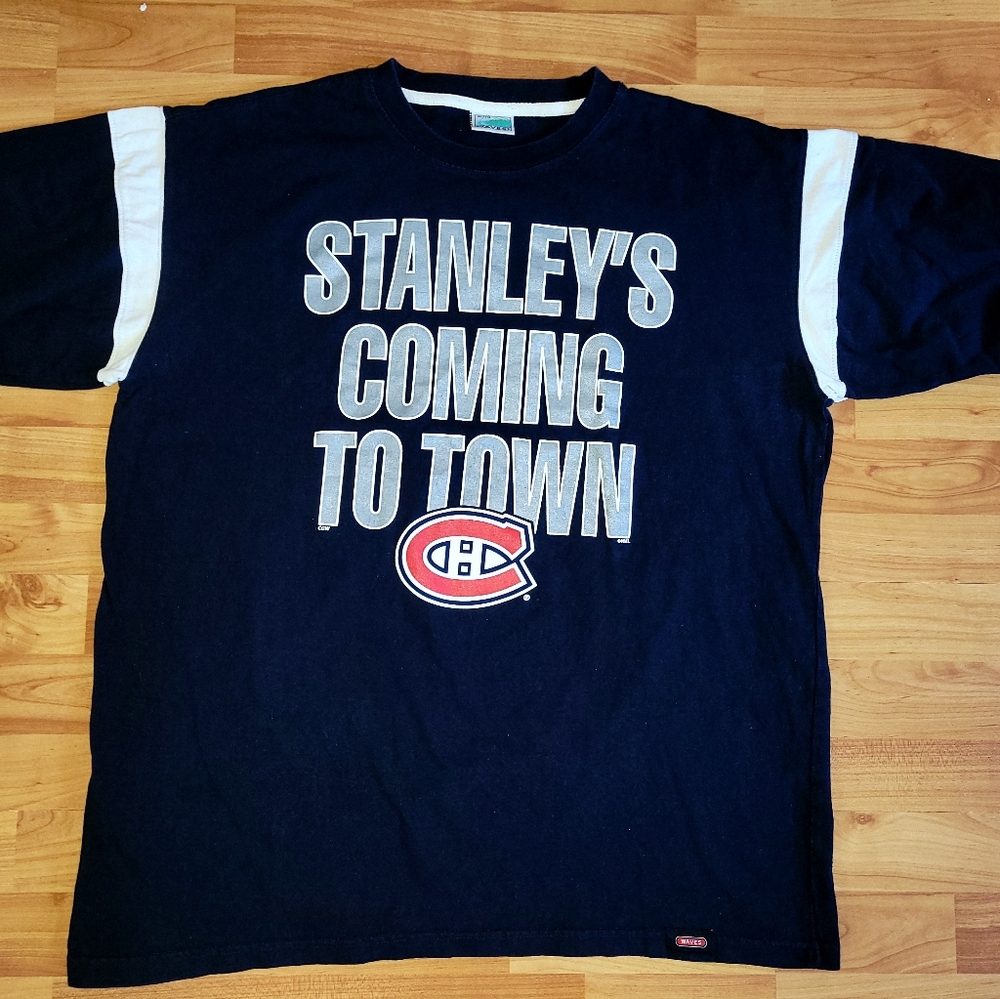 Vintage Montreal Canadiens Men's XL Navy Blue Graphic Tee, Rare Canadian Brand